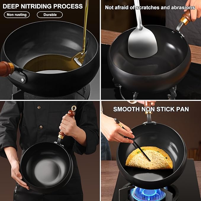 Carbon Steel Wok Pan, 11" Woks & Stir-Fry Pans with Glass Lid Cookwares, Nonstick Wok Flat Bottom Small Handmade Chinese Wok For for All Stoves