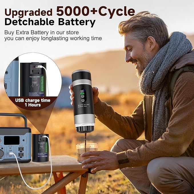 Portable Espresso Machine with Removeable Battery, 20 bar Mini Travel Coffee maker, Expresso Coffee Maker with USB-C,3-in-1 Car Coffee Maker Self-Heating, Ground Coffee & Capsule(Ns&DG)