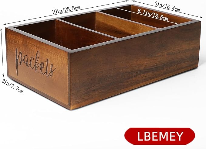 Packet Organizer, Acacia Wood Packet Storage Organizer with 3 Compartments,Farmhouse Kitchen Organization for Spice, Gravy, Taco, and Dressings Packets for Kitchen, Brown Labeled Packets