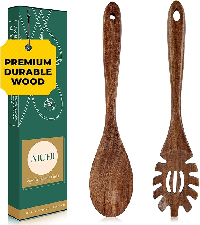 AIUHI Teak Wood Pasta Server, Wooden Spaghetti Noodle Spoon with Teech, Long Handle Spaghetti Fork and Scoop Set (2 Pcs)