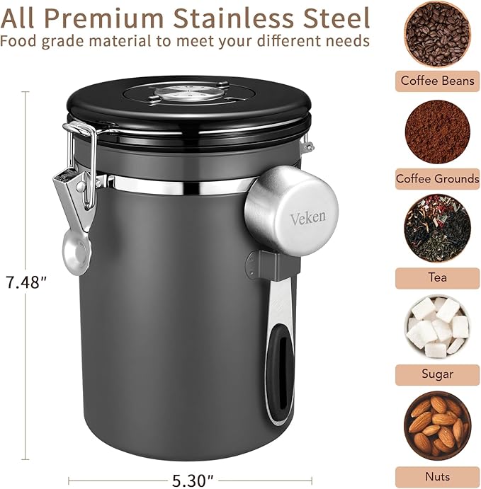 Veken Coffee Canister, Airtight Stainless Steel Kitchen Food Storage Container with Date Tracker and Scoop for Grounds Coffee, Beans, Tea, Flour, Cereal, Sugar, 22OZ, Gray