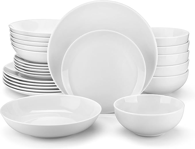 MALACASA 24-Piece Gourmet Porcelain Dinnerware Sets, Modern White Round Dish Set for 6 - Premium Serving Plates and Bowls Sets for Dessert, Salad, Soup, Pasta - Series AMELIA