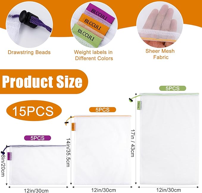 Blcculi 15 Pack Reusable Produce Bags,Washable Mesh Produce Bags,Mesh Grocery Bag with Drawstring & Colorful Tare Weight Tags,See-Through Vegetable Bag for Grocery Shopping,Fruits,3 Sizes