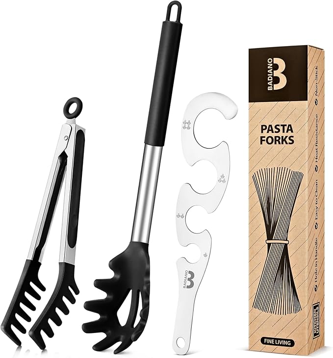 Silicone Spaghetti Spoon & Pasta Tong With Pasta Measurer, 3 Pack of Non-Stick Stainless Steel Handle Pasta Fork Set with Teeth, Food Clip for Easy Serving of Noodles (BLACK)