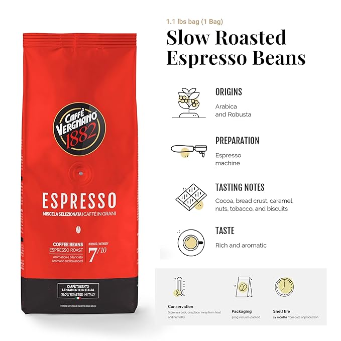 Caffe Vergnano 1882 Espresso Whole Bean Arabica Roast Coffee, 1.1 lb bag - Italian Medium Roast Coffee Beans with notes of Chocolate, Nuts & Caramel, Intensity 7/10-500g Bag