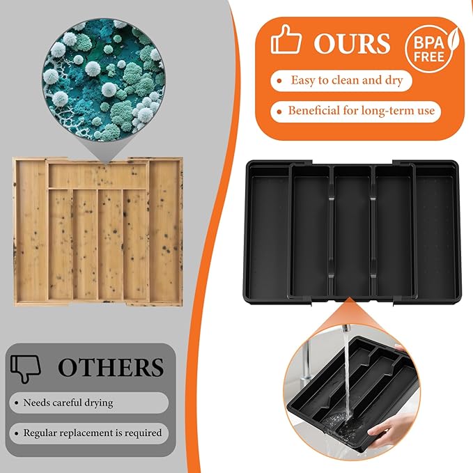 Large Silverware Organizer, Expandable Utensil Drawer Organizer for Kitchen Drawers, Kitchen Drawer Organizer for Spoons/Forks/Knives, Multipurpose & BPA Free Cutlery Tray, Black, 1 Pack
