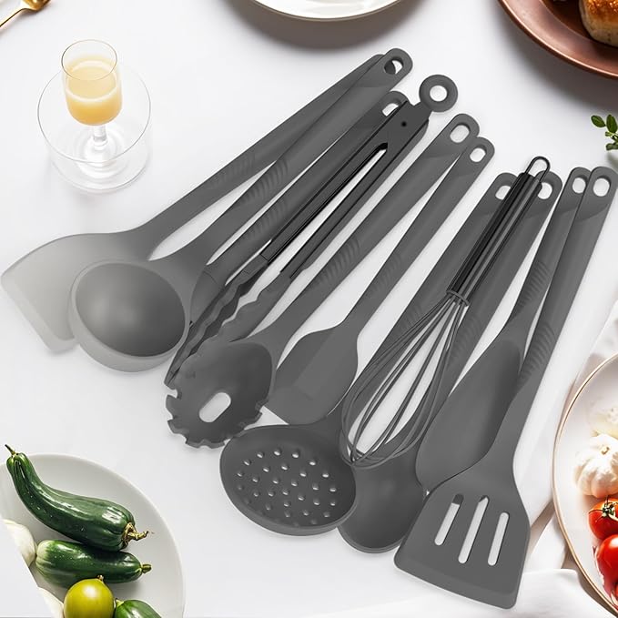 Silicone Cooking Utensils Set - 600°F Heat Resistant, Nonstick Kitchen Utensil Set with Spatulas, Spoons, Whisk, Tongs, BPA Free, Dishwasher Safe (Gray)