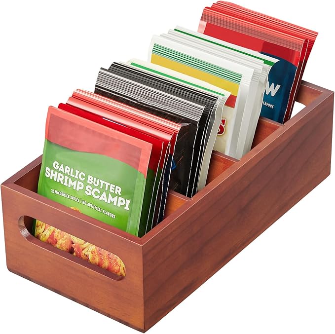 DRASTAR Seasoning Packet Organizer, Wood Kitchen Pantry Organizers and Storage Bin, Sauce Packet Organizer, Snack & Spice Organization for Cabinet, Brown