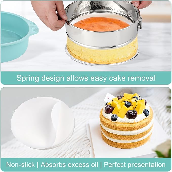9inch 304 Stainless Steel Springform Cake Pan with Detachable Bottom, Silicone Cheesecake Pan Protector, Parchment Paper, Decorating Kit Piping Bags and Tips- Ideal for Home Bakers