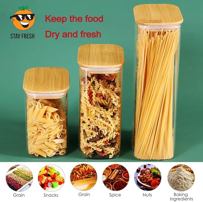 Glass Food Storage Containers with Lids 50 OZ, Set of 4 Canisters for Pantry, Cereal, Flour & Rice, Rectangle Jar with Bamboo Airtight Lids - Ideal for Kitchen Organization