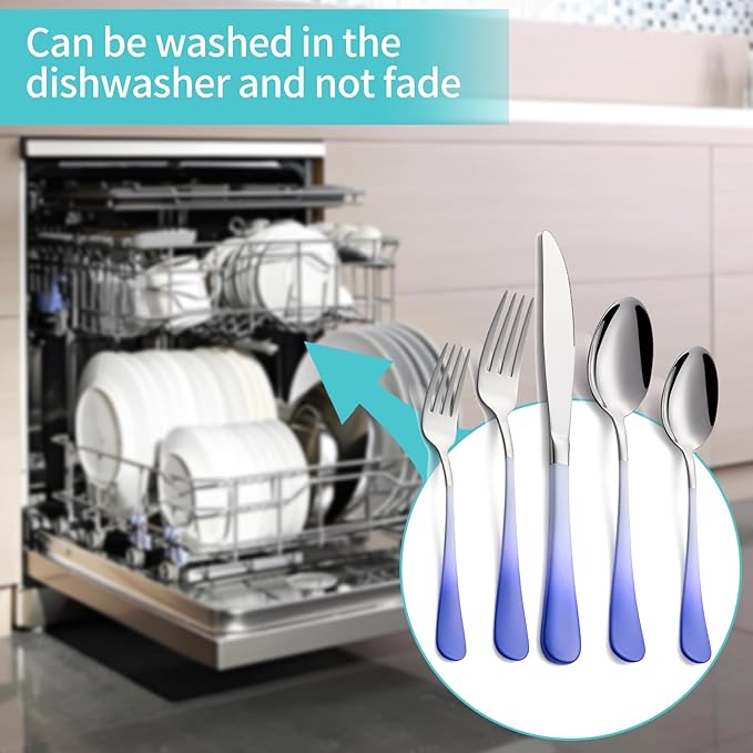 20-Piece White and Blue Silverware Set for 4, 18/0 Stainless Steel Flatware Cutlery Utensils Set, Includes Dinner Knives, Forks, Spoons, Salad Forks, Teaspoons, Dishwasher Safe