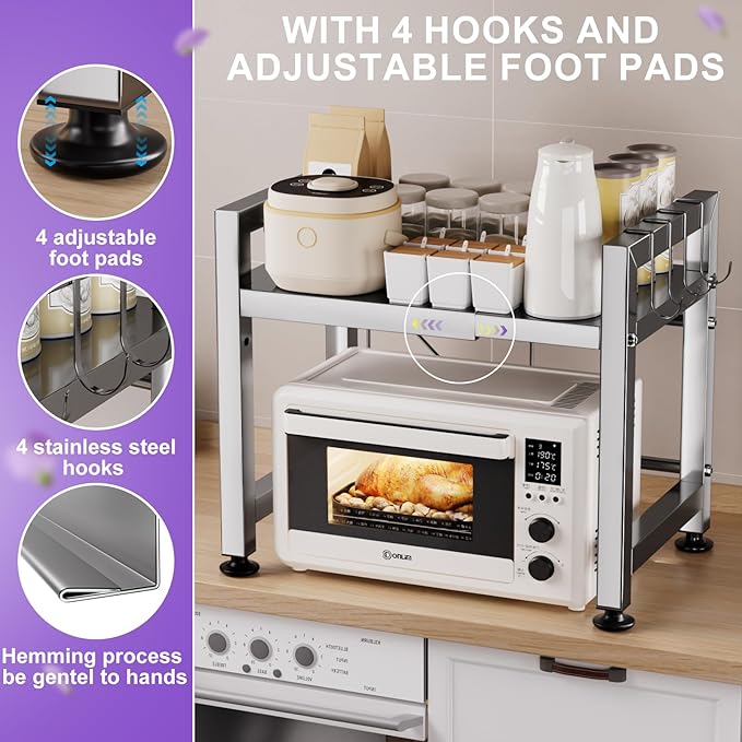 Extendable Microwave Oven Rack, Microwave Shelf Adjustable Over Microwave Stand Countertop 2-Tier Stainless Steel Organizing Rack with 4 Hooks for Kitchen Utensils Tableware Storage