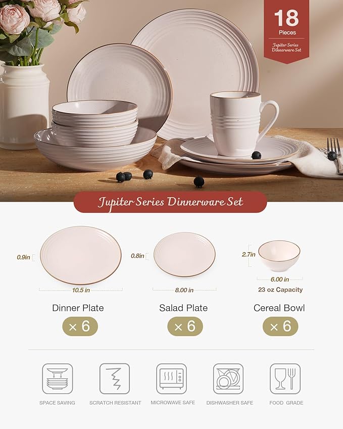 Famiware Jupiter Dinnerware Set, Plates and Bowls Dish Sets for 6 (18 Pieces), Microwave and Dishwasher Safe Stoneware Speckled Tableware, Chip and Scratch Resistant, Light Pink