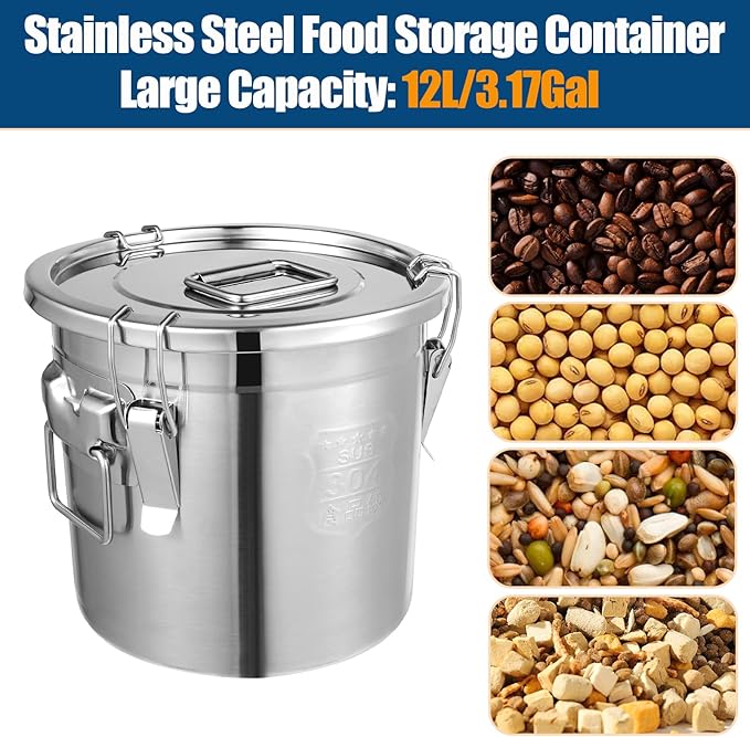 304 Stainless Steel Airtight Canister, 3.17Gal/405oz Airtight Food Storage Container with Lid and Lock Clips, Large Metal Pantry Storage Canister for Coffee Beans, Flour, Tea, Sugar, Cereals