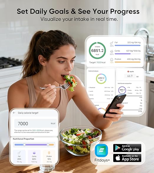 Smart Nutrition Food Scale with TFT Display, Tracks Calories, Fat, Carbs & Protein, Works with App for Daily Reports, 50 Built-in Foods, 23 Nutrients, Digital Kitchen Scale for Meal Prep