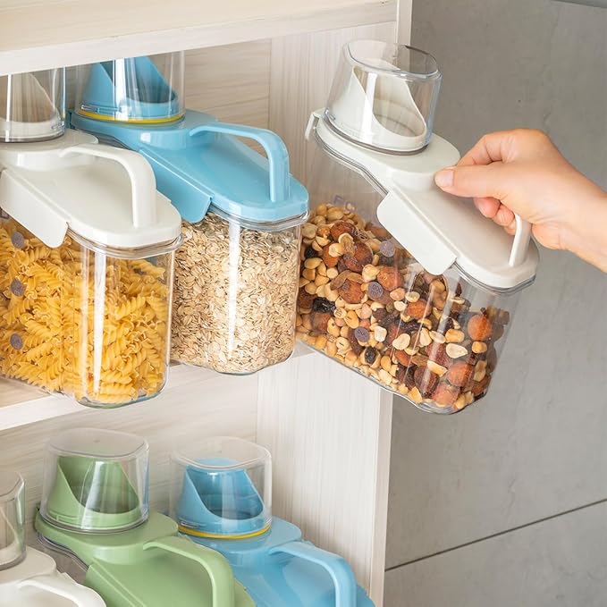 3 Pieces Cereal Containers Storage, 51fl.oz/1.5L Compact Crystal Clear Dry Food Storage Containers with Pouring Spout Measuring Cup for Rice Nuts Beans Pet Food Snacks Candies, 3PCS