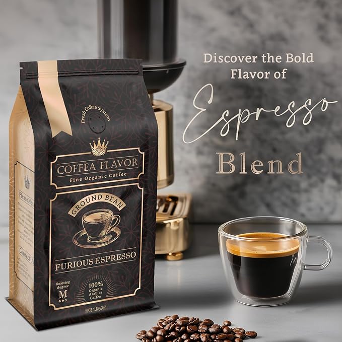 Ground Espresso Coffee – Organic, Single Origin, Medium Roast, Bold & Smooth – 100% Arabica – Crafted for Espresso Machines – Furious Espresso by Coffea Flavor