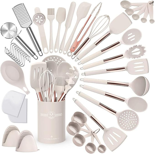 Umite Chef Silicone Kitchen Cooking Utensil Set, 43 pcs Spatula Utensils Set with Rose Gold Stainless Steel Handle, Non-stick Heat Resistant - Best Cookware Set-(Khaki)