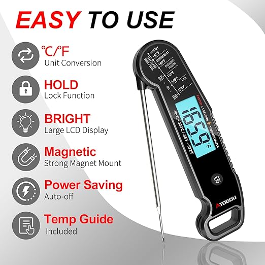 Professional Food & Meat Thermometer, 1 Sec Instant Read & ±0.5℉ Accuracy Driven by Thermocouple Sensor. IP67 Waterproof Digital Thermometer for Cooking, BBQ, Grill Gifts for Men Him Dad Birthday