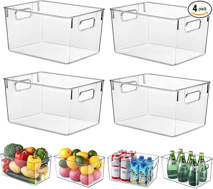 Fridge Organiser Set, Clear Plastic Storage Bins, 4 Pack Pantry Organizers & Storage Containers, Cabinet Organizer, Home Organization Must Haves for Kitchen, Laundry Room, Office, Closet & Freezer