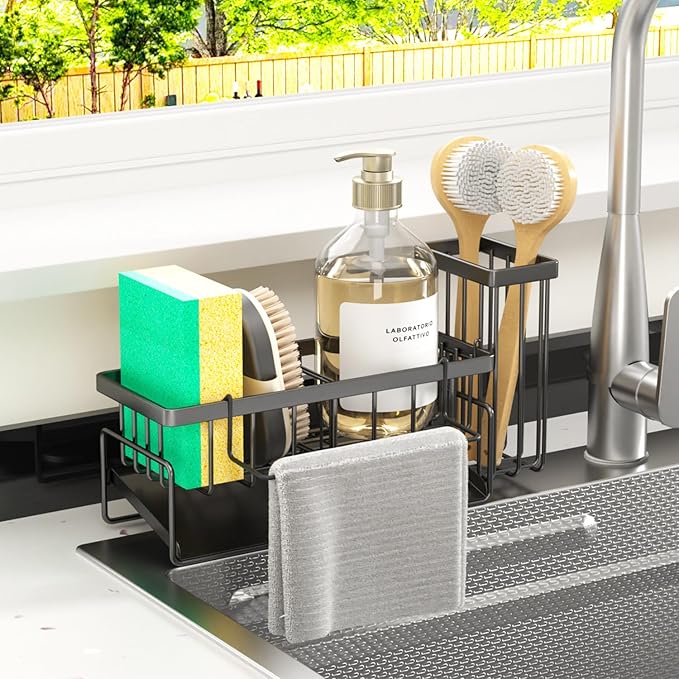 Sponge Holder & Sink Caddy Organizer - Rustproof Kitchen Sink Organizer with High Brush Holder - Kitchen Essentials Countertop Storage Organization (Grey)