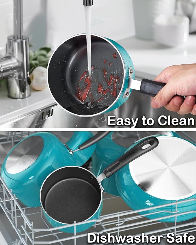 Cook N Home Non Stick Sauce Pan, 1 Quart Saucepan with Glass Lid, Nonstick Small Multi-purpose Pot, Milk Chocolate Aluminum Cooking Pot Pan with Stay-Cool Handle, Turquoise