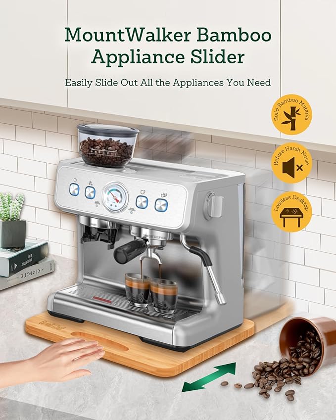 Bamboo Appliance Slider, Sliding Tray for Coffee Maker, Kitchen Countertop Appliance Rolling Tray, Coffee Pot Slider Tray with Rubber Wheels, Biggest (20"D x 16"W)