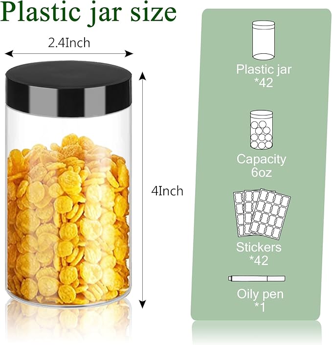 Plastic Jars with Lids 6OZ 42PCS Small Empty Slime Cosmetics Containers Clear Gift Food Jars Round PET Cream Jars with Black Lids Pen Labels for Kitchen Storage Spices Dry Food Body Butter