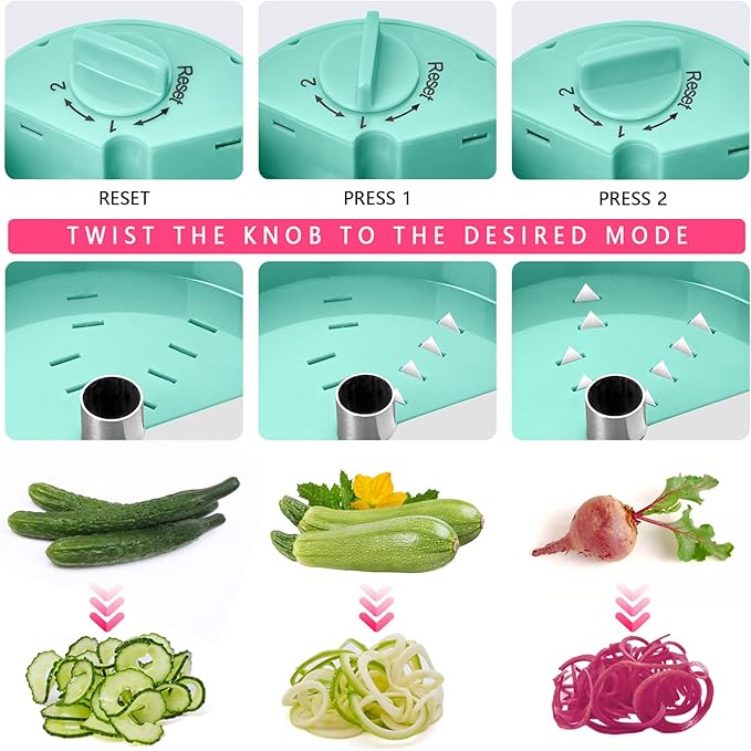 3 in 1 Vegetable Spiralizer Slicer, Adjustable Zucchini Carrot Noodle Maker, Cucumber Spiral Cutter, Easy to Use Kitchen Tool（lce-Green）