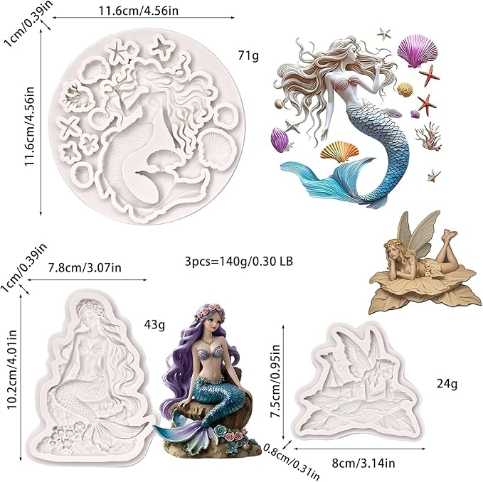 (Three-piece set) Mermaid theme, winged girl, DIY silicone mold, cake chocolate mold wedding cake decoration tool soft candy cake