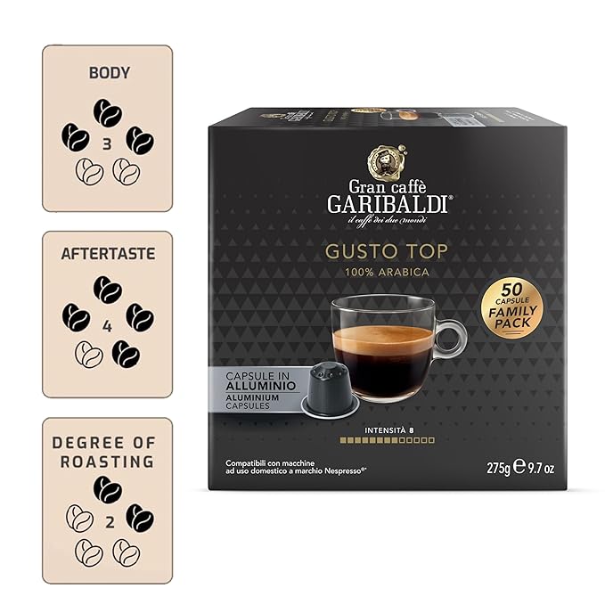 Gran Caffè Garibaldi Espresso Pods, Italian Roasted Compatible Nespresso Original Line Machines, 100% Arabica Blend, Brazilian & Central American Beans, Cocoa Aroma - Gusto Top (Aluminum) 200 Cups
