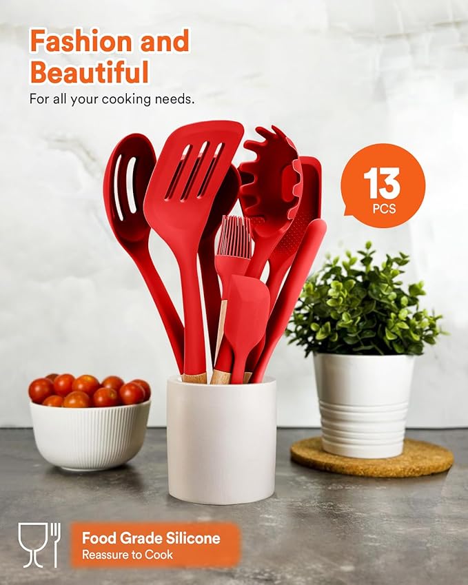 Kitchen Utensils Set, 13PCS Silicone Cooking Utensils, Heat Resistant Kitchen Utensil Spatula Set for Nonstick Cookware, Wooden Handles Kitchen Gadgets Tools Set (RED)