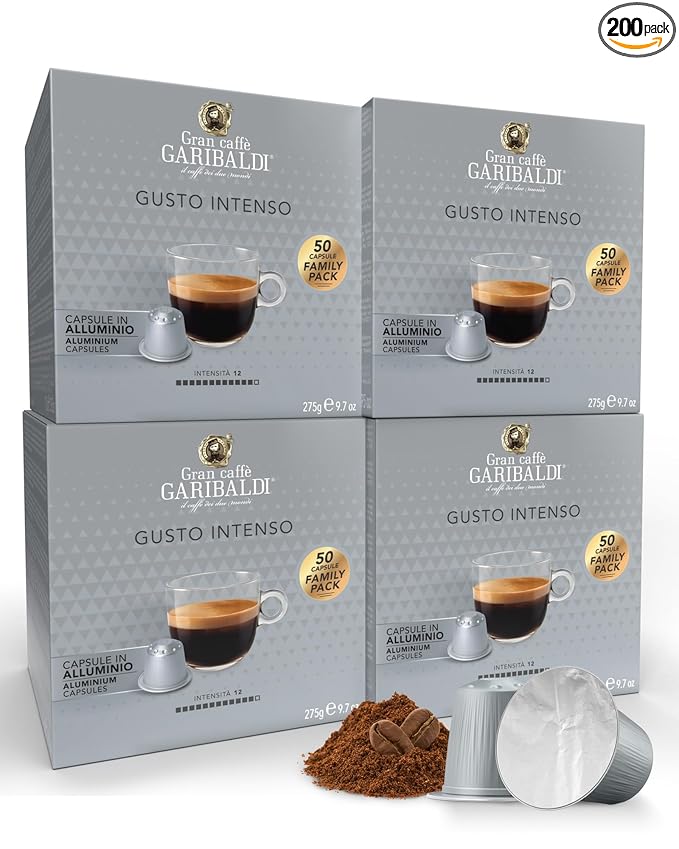 Gran Caffè Garibaldi Espresso Pods, Italian Roasted Coffee, Compatible Nespresso Original Line Machines, Nitrogen Flushed, Strong & Intense, Cocoa & Dried Fruit, Dark Roast - Gusto Intenso (Aluminum) 200 Cups