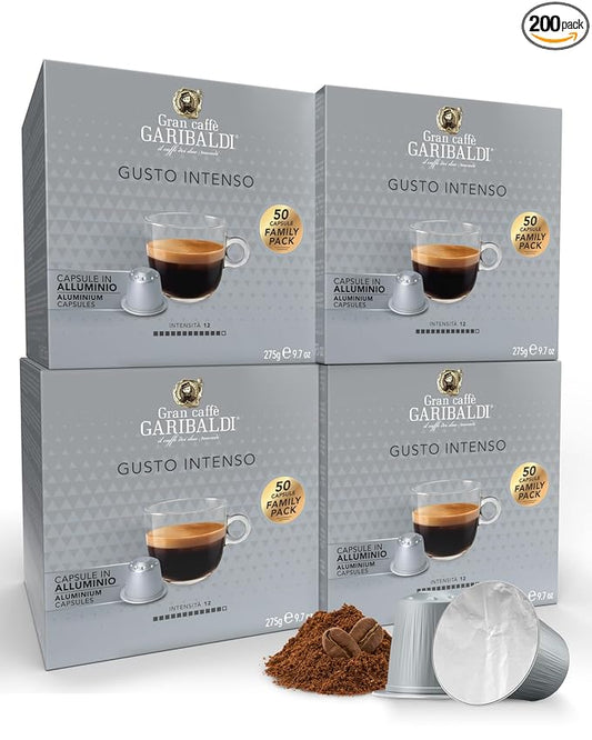 Gran Caffè Garibaldi Espresso Pods, Italian Roasted Coffee, Compatible Nespresso Original Line Machines, Nitrogen Flushed, Strong & Intense, Cocoa & Dried Fruit, Dark Roast - Gusto Intenso (Aluminum) 200 Cups