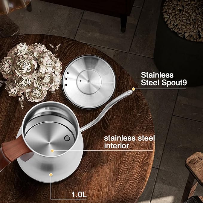 SEEDEEM Gooseneck Electric Kettle Full Touch Screen 1200W Electric Tea & Coffee Kettle with Four Heating Modes Rapid Heating,±1℉ Temperature Control，Keep Warm Mode,1L Electric kettle