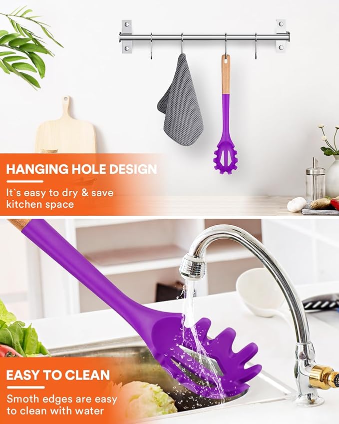 Silicone Pasta Fork, Kitchen Heat Resistant Noodle Spoon Server, BPA Free Spaghetti Strainer,12.8 inch (BERRY)