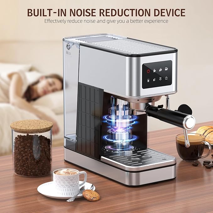 Espresso Machine with Milk Frother, 20 Bar Compact Coffee Machine with Touch Screen & 57.5oz Removable Water Tank for Home, Stainless Steel Espresso Maker for Cappuccino, Latte, Silver(updated)