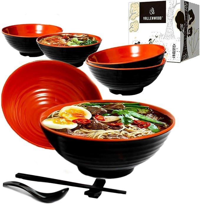 6 Ramen Bowls, 18 pieces Pho set. Red Black Asian Japanese soup. Utensil Spoons And Chopsticks kit. Melamine. Large 37 oz. Noodles, Rice, Udon, Thai, Chinese, Korean, Wonton, Miso (Red Black x6)