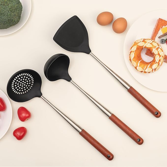 FJNATINH Silicone Spatula - Ladle - Skimmer Set - Wok Ladle Tool Set,Stainless Steel Non Stick Heat-Resistant Cooking Utensils BPA Free Kitchen Utensils Cookware Wooden Handle, Pack of 3