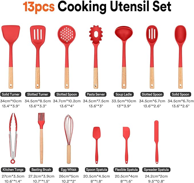 Kitchen Utensils Set, 13PCS Silicone Cooking Utensils, Heat Resistant Kitchen Utensil Spatula Set for Nonstick Cookware, Wooden Handles Kitchen Gadgets Tools Set (RED)