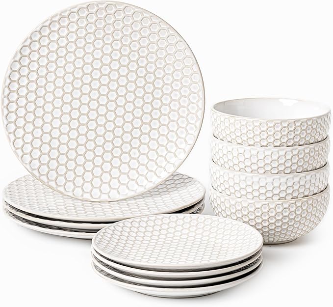 Dinnerware Sets for 4, Ceramic Microwave Safe Plates and Bowls Sets, 12 Piece Matte Chip Resistance Dish Set, Home Essentials Embossment Stoneware Dinnerware Set, Wedding Gift