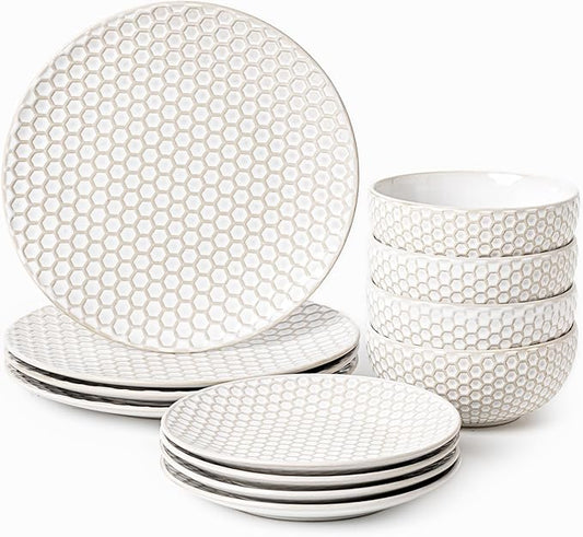 Dinnerware Sets for 4, Ceramic Microwave Safe Plates and Bowls Sets, 12 Piece Matte Chip Resistance Dish Set, Home Essentials Embossment Stoneware Dinnerware Set, Wedding Gift