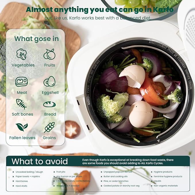 Karfo Electric Composter for Kitchen, Smart Compost Bin Outdoor/Indoor, Odorless Single-Button Auto Operation, Turn Food Waste to Fertilizer for Plants, Food Waste Compost Machine（White）