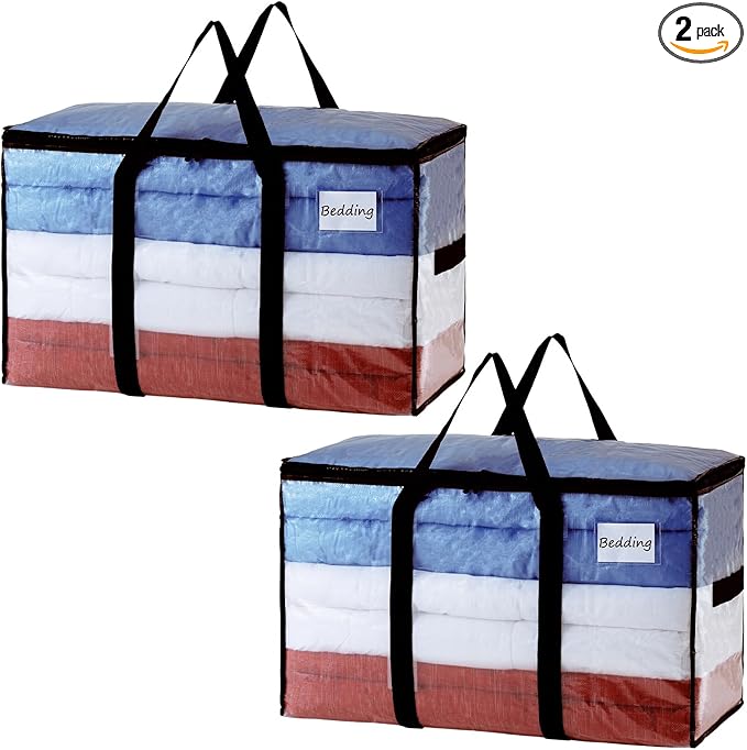 TAILI Extra Large Moving Bags, 2 Pack Clear Heavy Duty Totes for Storage with Visible Window, Wrap Around Handles, Storage Bags for Space Saving, Alternative to Moving Boxes