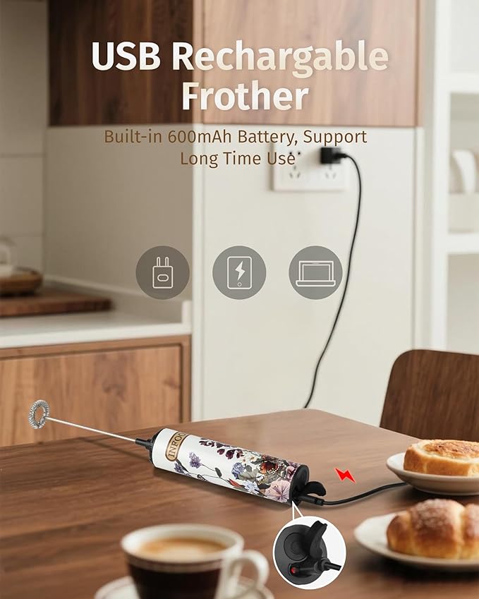 Milk Frother Rechargeable with Cover - Coffee Frother Wand, Drink Mixer Handheld with 2 Detachable Stainless Whisks 2 Speed Adjustable for Latte, Cappuccino, Hot Chocolate, Egg, White Floral