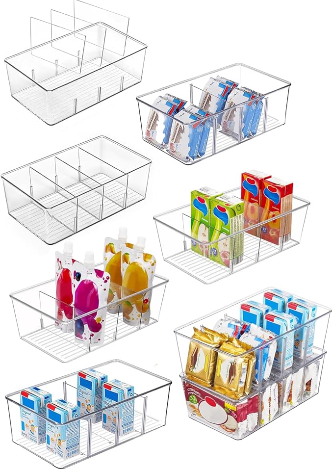 8 Pack Refrigerator Organizers and Storage,Clear Plastic Storage Bins with 3 Dividers for Pantry,Kitchen,Fridge Organization and Storage,Snack Containers for Spice Packets,Tea bag organizer