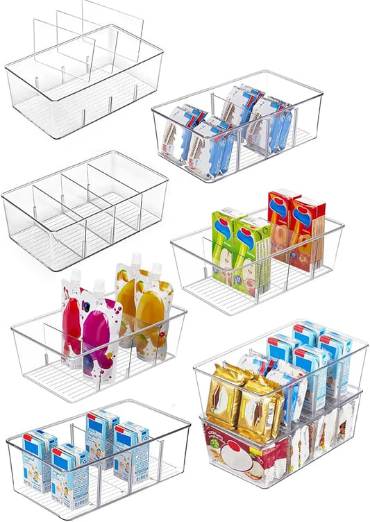 8 Pack Refrigerator Organizers and Storage,Clear Plastic Storage Bins with 3 Dividers for Pantry,Kitchen,Fridge Organization and Storage,Snack Containers for Spice Packets,Tea bag organizer