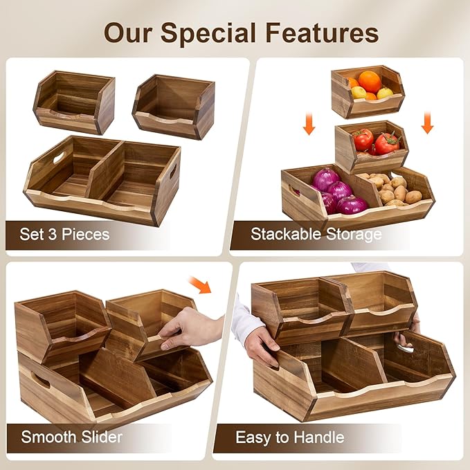 Acacia Wood Pantry Storage Bins, Stackable Storage Baskets Potato and Onion Storage Bins, Pantry Organizer Wooden Baskets Organization and Storage, Set 3 Pieces