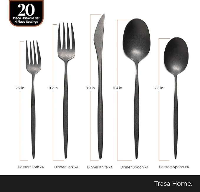 Luxury Vintage Flatware 20-Piece Set – Service for 4, Premium Stainless Steel with Weighted Handles, Aged Heirloom Finish, Dishwasher Safe, Elegant and Modern Cutlery (Vintage Black)