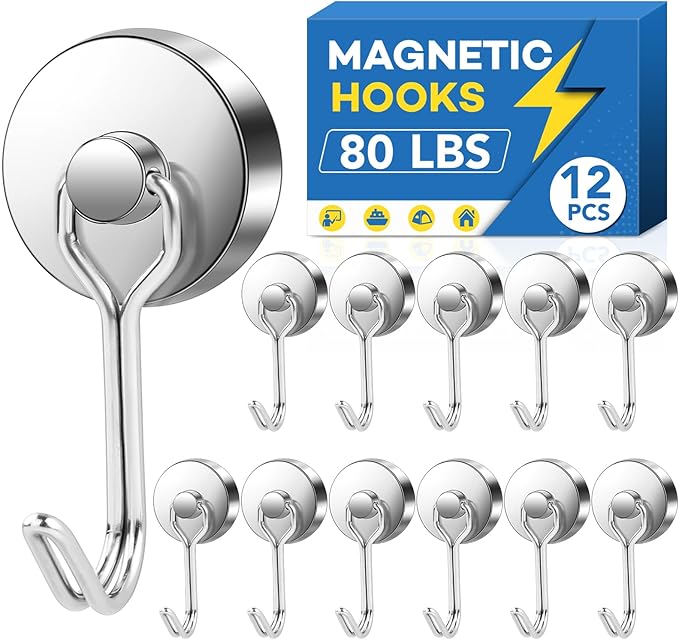 LOVIMAG Hooks, 80lbs+ Magnetic Magnet Hook 2025 Cruise Cabin Ship Essentials Heavy Duty Strong Refrigerator Fridge Hanging for Classroom Beach Vacation Kitchen Grills Home Mug Hanger (12 Pack), Silver